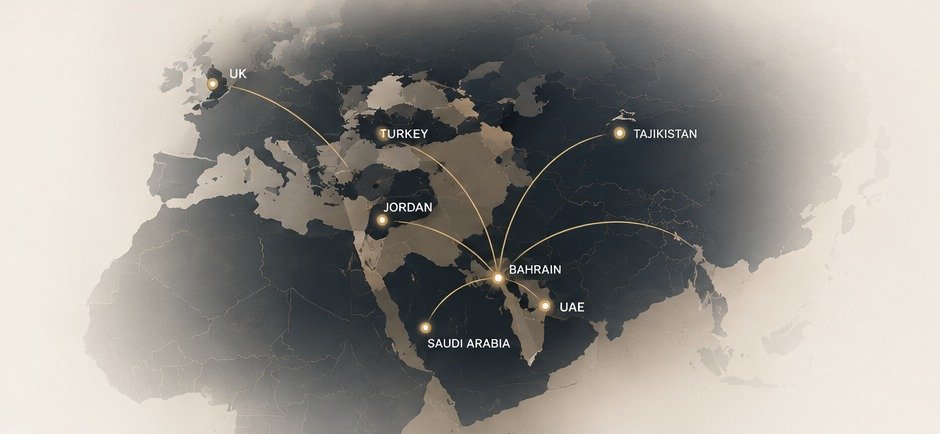 Map of Experts Gate offices connecting the UK, Türkiye, Jordan, Bahrain, Saudi Arabia, UAE and Tajikistan